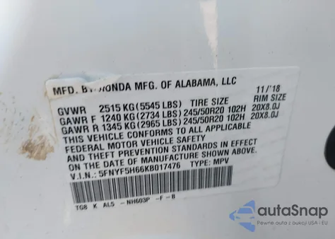 2019 Honda Pilot Touring z USA, uszkodzony, nr VIN 5FNYF5H66KB017476